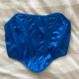 Blå korsettopp i satin - Snygg blå korsettopp i glansigt satinmaterial. Toppen har en klassisk korsettform med markerade sömmar som ger en snygg siluett. Perfekt att styla till både jeans och kjol för en trendig look.