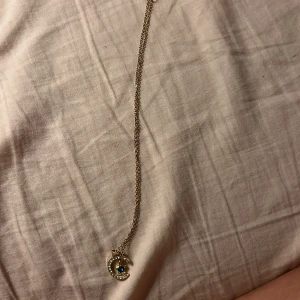 Halsband med månhänge och blå sten - Snyggt halsband i guldton med ett månhänge dekorerat med små glittrande stenar och en blå sten i mitten. Kedjan är tunn och smidig, perfekt för att ge din outfit lite extra shine. Hängsmycket har en unik form som verkligen sticker ut.