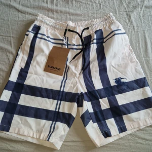 Burberry rutiga shorts med snörning - Snygga shorts från Burberry med klassiskt rutigt mönster i vitt och mörkblått. De har elastisk midja med svart snörning och är perfekta för sommaren. Ikonisk Burberry-logga på ena benet och två sidofickor. Materialet är lite som badbyxor.