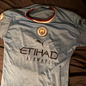 Manchester City matchtröja Puma - Snygg ljusblå Manchester City fotbollströja från Puma med klubbmärke på bröstet, Premier League-märke på ärmen och Etihad Airways-tryck framtill. Tröjan har korta ärmar och detaljer i vinrött och vitt vid kragen. Perfekt för dig som älskar fotboll och City. kan diskutera pris 