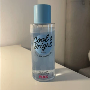 Cool & Bright mist från PINK - Fräsch body mist från PINK med doft av chill pear och happy vibes. Flaskan är genomskinlig med ljusblå detaljer och ett blått plastlock. Perfekt för dig som gillar lätta, fruktiga dofter och snygg design på badrumshyllan.