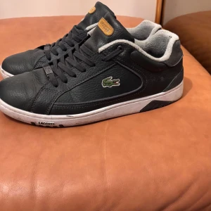 Svarta sneakers från Lacoste - Snygga svarta sneakers från Lacoste med klassisk krokodillogga på sidan. Skorna har snörning och en vit sula med svart mönsterdetalj. Perfekta för våren och sommarn. Kommer inte till användning🐊