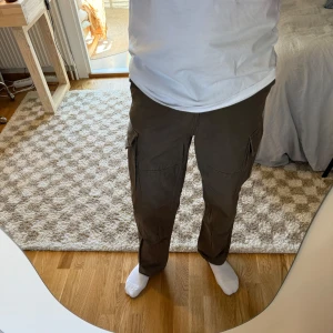 Bruna-gröna cargobyxor från Weekday, stl 44 - Säljer ett par bruna cargobyxor från Weekday i storlek 44. Byxorna har flera stora fickor på sidorna och bak, raka ben och normal passform. Trendig look.