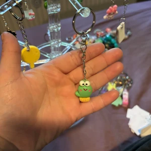 Nyckelring med söt groda - Nyckelring med en gullig groda i grönt och gult, med stora ögon och rosa kinder. Perfekt accessoar för att piffa upp väskan eller nyckelknippan. Grodan har en lekfull och charmig design som sticker ut.