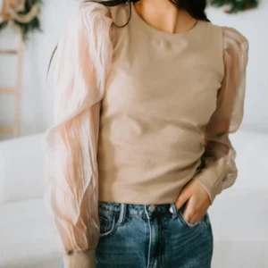 Beige topp med puffärmar från Gina Tricot |M - Beige/coral topp från Gina Tricot med transparenta, voluminösa puffärmar i organza. Nyttskick, prislapp hänger kvar. 