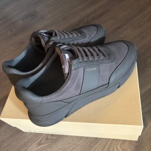 Grå sneakers från Axel Arigato st 45 - Snygga grå sneakers från Axel Arigato med stilren design. Skorna har ovandel i textil och skinn, rund tå och platt sula. Klassisk snörning och diskret logga i guld på sidan. Perfekta för dig som gillar minimalistisk och modern stil.helt sprillans nya va tyvärr lite för stora för mig