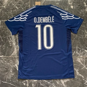 PSG O. Dembélé #10 blå matchtröja  - Paris Saint-Germain fotbollströja i blått med O. Dembélé och nummer 10 på ryggen. Tröjan har vita detaljer, vingmönster på axlarna, Qatar Airways som sponsor och PSG-logga på bröstet. Tillverkad i lätt och ventilerande material, perfekt för match eller träning.