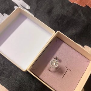 Silverfärgad ring med glittrande stenar från Lily and Rose - Säljer en elegant silverfärgad ring från Lily and Rose med rund, glittrig sten i mitten omgiven av mindre stenar. Ringen levereras i originalask och har en lyxig känsla, perfekt för att lyfta din stil.