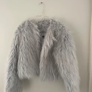 Ljusgrå pälsjacka - Säljer en fluffig ljusgrå pälsjacka med croppad passform. Jackan har lång ärm och är perfekt för dig som vill sticka ut med en trendig look. Supermjuk och ger en cool statement-vibe till outfiten.