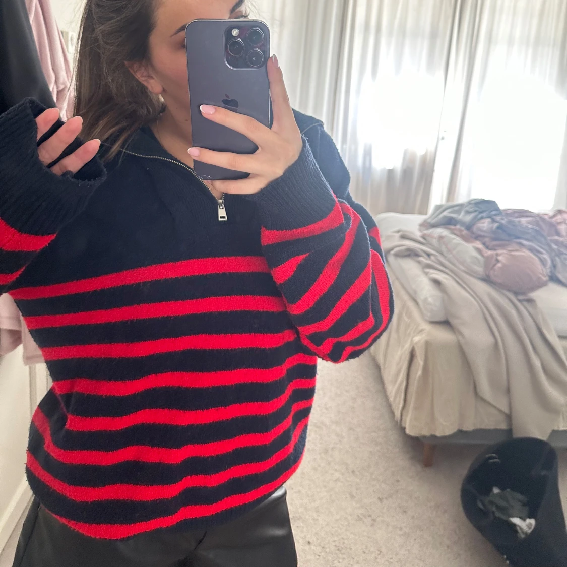 Randig stickad tröja med half zip - 2