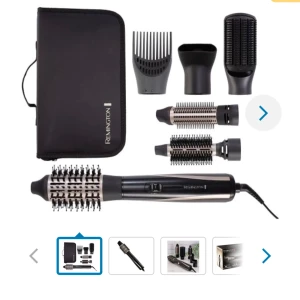 Remington - Remington varmluftsborste med stylingverktyg man får med 6 st stylingverktyg och väska. Inköpt i mars 2025, fungerar som den ska. Säljer då den inte kommer till användning. Använd 3-4 gånger, har rengjort den. Nypris 599kr men säljer för 450 då den är i nyskick. Köparen står för frakten. Pris kan diskuteras.