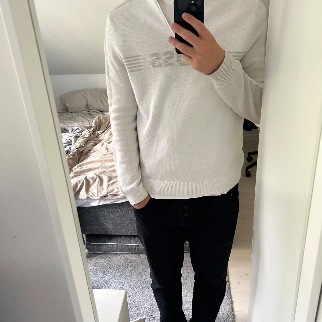 Vit stickad BOSS Zirros QZ half zip tröja  - 3