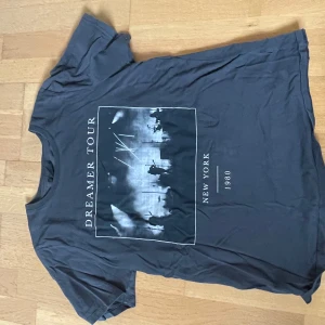 Grå t-shirt med tryck från Gina Tricot - Säljer en grå t-shirt från Gina Tricot med coolt tryck på framsidan där det står 'Dreamer Tour New York 1980'. T-shirten har korta ärmar och en avslappnad passform. Perfekt till jeans eller shorts.