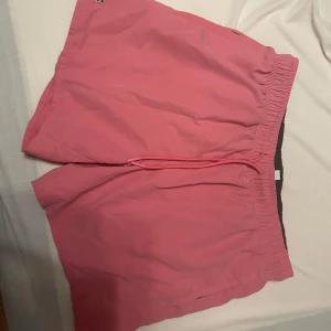 Rosa shorts från Lacoste med snörning - Säljer ett par rosa badshorts från Lacoste med klassisk krokodillogga. Shortsen har elastisk midja och snörning framtill. Perfekta för sommardagar och har en sportig känsla. Använda en sommar 