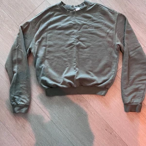 Grön sweatshirt med broderad text - Säljer en grön sweatshirt med rund hals och broderad text 'Love' på bröstet. Tröjan har långa ärmar och ribbade muddar vid ärmslut och nederkant. Perfekt för en avslappnad stil.