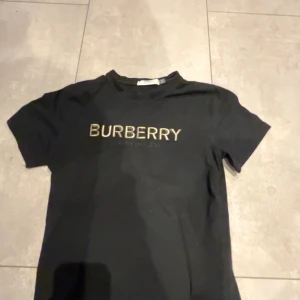Svart t-shirt från Burberry - Svart t-shirt från Burberry med klassisk logga i guld på bröstet. Enkel och stilren design med rund halsringning och korta ärmar. Perfekt för dig som gillar exklusiva märken och vill ha en tidlös bas i garderoben.