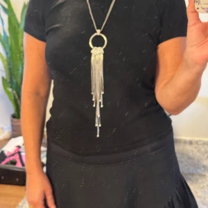 Långt silverfärgat halsband - Säljer ett långt halsband i silverfärg med en stor rund ring och glittrande stenar upptill. Halsbandet har flera tunna kedjefransar som hänger ner och ger en cool och elegant look. Perfekt för att lyfta din outfit med lite extra bling.