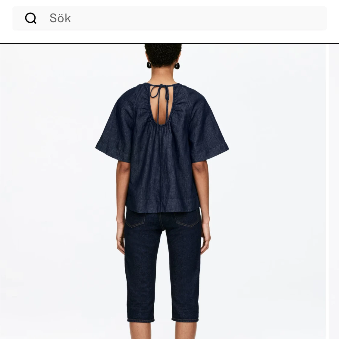 Mörkblå rynkad denimblus med knyt - 1