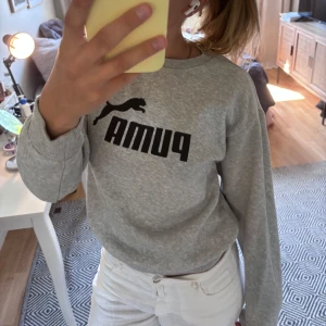 Grå sweatshirt från Puma XS - Säljer en grå sweatshirt från Puma i storlek XS. Tröjan har klassisk rund hals, långa ärmar och ett stort svart Puma-tryck på bröstet. Mjuk insida och ribbade muddar vid ärmslut och nederkant. Perfekt för chill eller sportiga dagar.