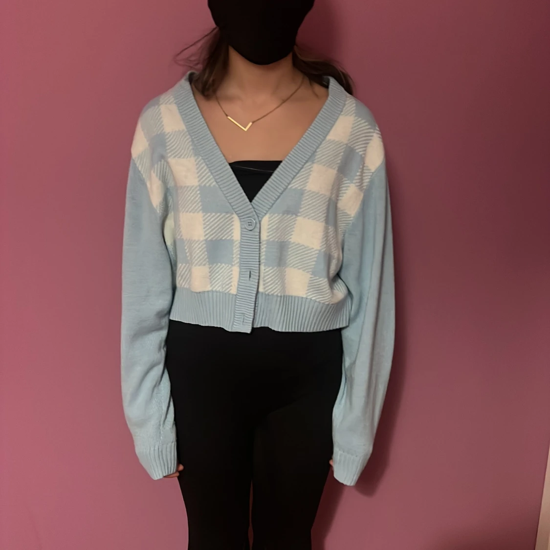 Ljusblå rutig croppad stickad väst - 1