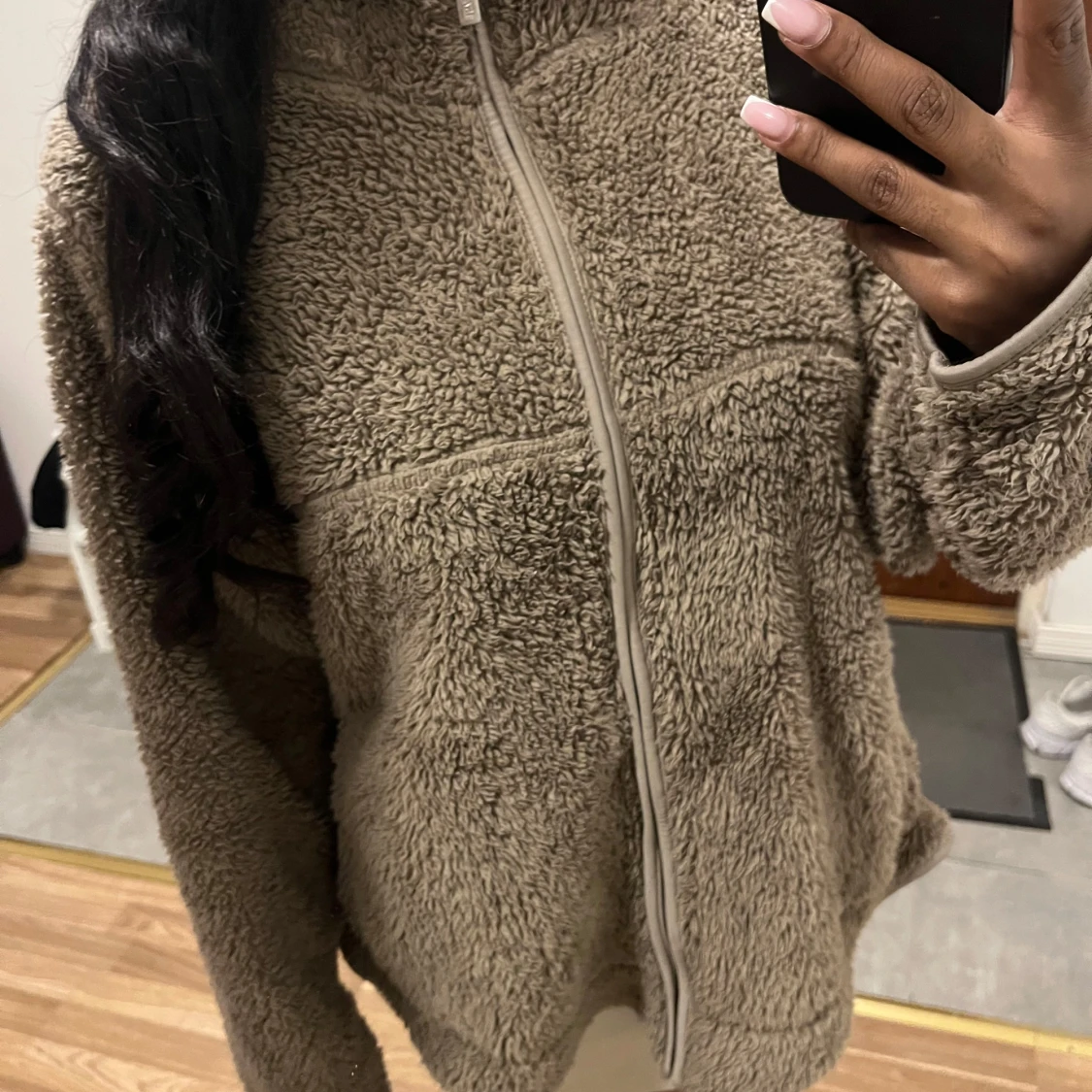 Beige teddyjacka/kofta med dragkedja - 1