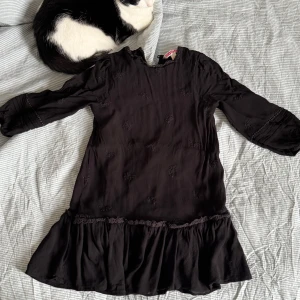 Svart klänning från Indiska - Säljer en söt svart klänning från Indiska med broderade detaljer och volang nedtill. Klänningen har trekvartsärmar och en rund halsringning. Perfekt för en stilren look!