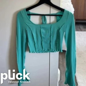 Turkos croppad långärmad topp med knyt - Säljer en turkos croppad topp med långa ärmar och snygga sömdetaljer framtill. Toppen har en v-ringad urringning och knytband i ryggen som ger en cool look. Perfekt att styla med jeans eller kjol.