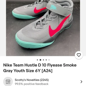 Nike Team Hustle D 10 Flyease grå/röda sneakers - Säljer ett par Nike Team Hustle D 10 Flyease sneakers i smoke gray med röd swoosh och turkos sula. Skorna har kardborreband och snörning för enkel påtagning. Perfekta för träning eller vardag, med sportig design och bekväm passform.