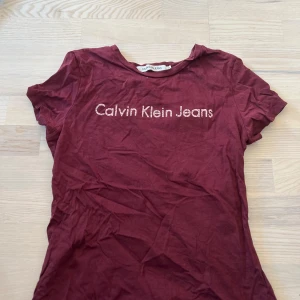 Vinröd t-shirt från Calvin Klein Jeans - Säljer en vinröd t-shirt från Calvin Klein Jeans med logga i rosavitt framtill. T-shirten har rund halsringning och korta ärmar. Perfekt för en avslappnad och stilren look.