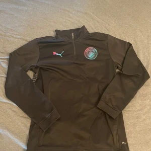 Manchester City svart träningströja Puma - Svart långärmad träningströja från Puma med Manchester City-logga på bröstet och färgglad 'MAN CITY'-text på ryggen. Tröjan har half zip och är gjord i polyester, perfekt för fotbollsträning eller chill. Snygg sportig look med moderna detaljer.