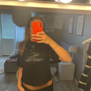 Svart festtopp från H&M - Säljer en svart glittrig topp från H&M i storlek XS. Toppen har korta ärmar, hög hals och är täckt med paljetter som ger en riktigt snygg och festlig vibe. Endast använd 2 gånger, superskick!💗