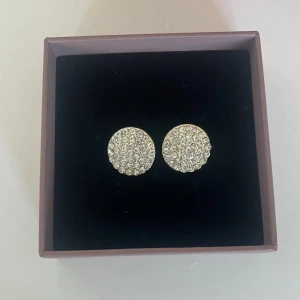 Glittriga runda örhängen i guld med silverstenar - Säljer ett par snygga runda örhängen i guld med massor av glittrande stenar. De är perfekta om du vill ha något som verkligen syns och ger extra bling till din look. Klassisk knappform som sitter snyggt på örat.