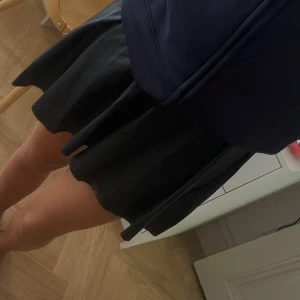 Svart skinn kjol från Zara - Säljer en svart skinn kjol från Zara med elastisk midja. Kjolen har en snygg glansig finish som ger en cool look och är tillverkad i ett syntetmaterial som liknar skinn. Perfekt för dig som vill ha en trendig och edgy stil.