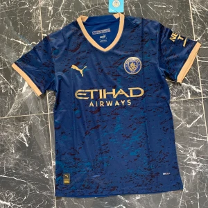 Manchester City blå fotbollströja från Puma - Säljer en blå Manchester City fotbollströja från Puma med guldiga detaljer och loggor. Tröjan har korta ärmar, V-ringning och klubbmärke på bröstet. Materialet är lätt och andas, perfekt för match eller träning.