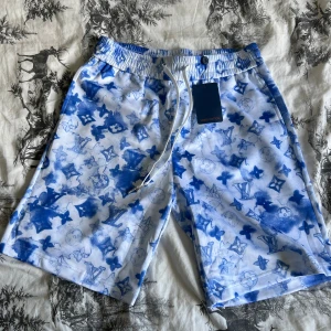 Blåvita shorts från Louis Vuitton - Säljer ett par blåvita shorts från Louis Vuitton med tydligt LV-mönster och elastisk midja med snörning. Shortsen har en bakficka och är perfekta för sommaren. Materialet känns mjukt och svalt, perfekt för varma dagar.