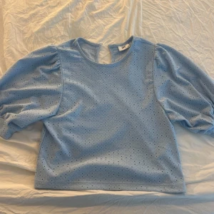Ljusblå topp från JDY - Säljer en söt ljusblå topp från JDY med ett hålmönster. Toppen har puffiga långärmar och en rund halsringning. Perfekt för en stilren look! Jätte bra skick endast använd en gång. Pris kan diskuteras💗