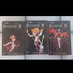 Princess Ai Manga Volym 1-3 - Säljer en samling av alla tre volymerna av 'Princess Ai' manga. Omslagen har färgglada illustrationer av huvudkaraktären i olika poser. Perfekt för mangaälskare som vill dyka in i en fantasifull berättelse med musik och äventyr.