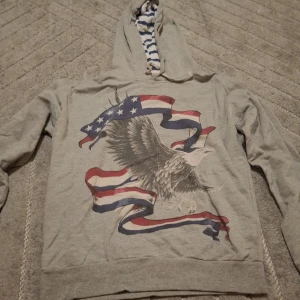 Grå hoodie med örn och USA-flagga - Grå hoodie med stor örn och amerikansk flagga tryckt på framsidan. Huva med insida i blåvitt randigt tyg. Långärmad och i mjukt material, perfekt för chill dagar.