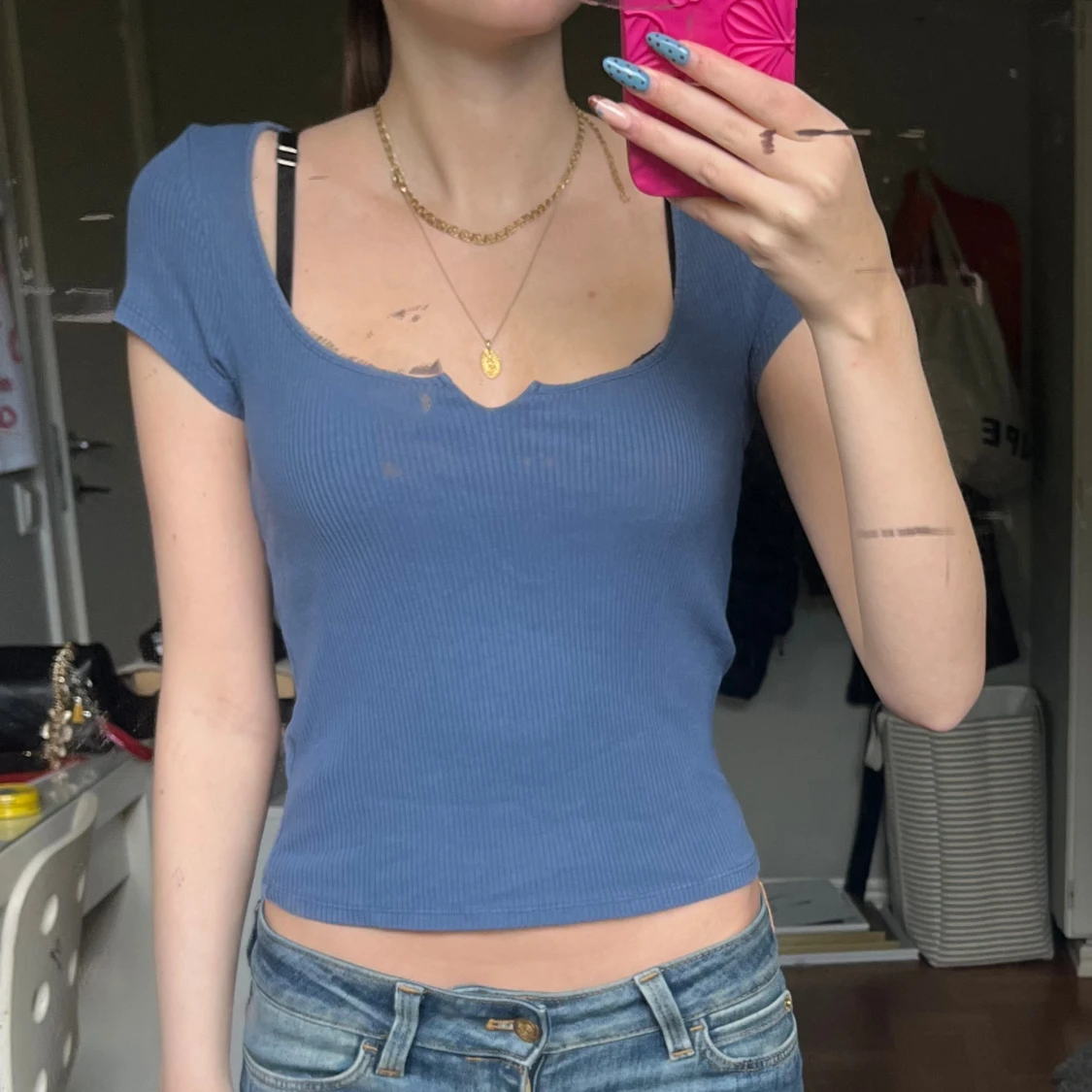 Blå ribbad croppad topp H&M