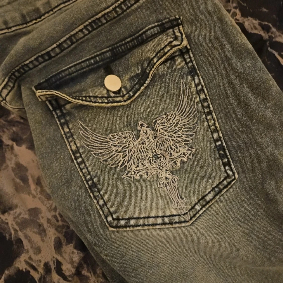 Blåa/Gråa Flare Jeans Med Detaljer  - 2