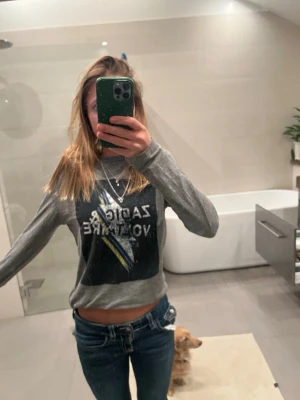 Grå långärmad topp Zadig & Voltaire - Snygg grå långärmad topp från Zadig & Voltaire med tryck framtill i svart, vitt och gult. Tunt och mjukt material, perfekt till jeans eller kjol. Rund halsringning och avslappnad passform.OBS!Storlek S/XS och litet hål på vänster armbåge.