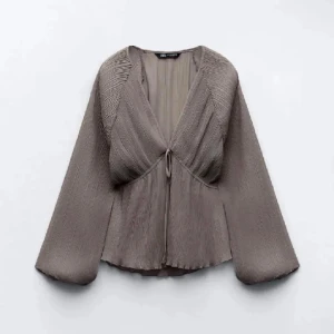 Brun/beige blus från Zara - Trendig brun/beige blus från Zara med v-ringning. Blusen har långärmade, vida ärmar och en snygg knytning framtill. Alit såld och säljes inte mer.