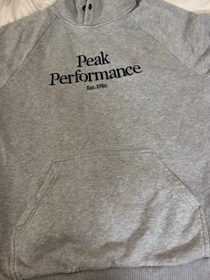 Grå hoodie från Peak Performance - Snygg grå hoodie från Peak Performance med svart logga och text på bröstet. Klassisk känguruficka framtill, huva med dragsko och ribbade muddar. Perfekt för en avslappnad och sportig stil.