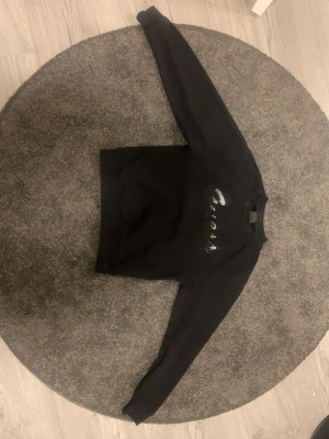 Svart sweatshirt från Guess med glitterlogga - Svart sweatshirt från Guess med glittrande paljettdetaljer i loggan på bröstet. Tröjan har rund hals, långa ärmar och är gjord i mjuk bomull. Perfekt för dig som gillar stilrena plagg med lite extra bling. Köpt för 1000 lappen och är i väldigt bra skick, förutom något som jag tror är lite smink vid hals linningen, och några pärlor på loggan som lossnat. Hör av dig vid frågor💕