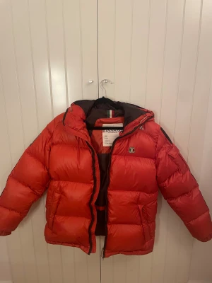 Orange pufferjacka från Dolomite - Säljer en fet orange pufferjacka från Dolomite med broderad logga på ryggen och patch på ärmen. Jackan har huva, dragkedja och bruna detaljer längs ärmarna. Perfekt för kalla dagar och har en riktigt skön vinter vibe.