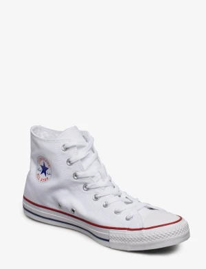 Vita Converse Chuck Taylor All Star - Klassiska vita Converse Chuck Taylor All Star high-top sneakers i canvas med snörning, rund tå och platt sula. Skorna har röda och blå ränder på sulan samt Converse-logga på sidan. Perfekta för en avslappnad och cool stil. Mycket bra skick