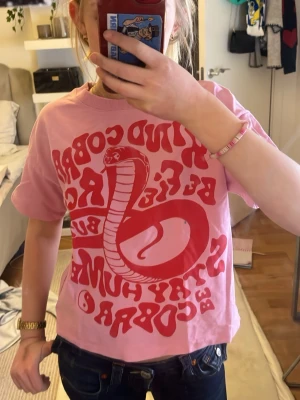 Rosa t-shirt med röd cobra-tryck - Cool rosa t-shirt med stort rött tryck av en cobra och text på framsidan. T-shirten har klassisk passform, rund hals och korta ärmar. Perfekt för dig som vill sticka ut med en unik och färgglad stil.