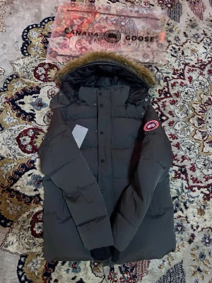 Mörkgrå dunjacka från Canada Goose - Säljer en mörkgrå dunjacka från Canada Goose med pälskantad huva och klassisk logga på ärmen. Jackan har långa ärmar, knappar och dragkedja framtill samt ribbade muddar vid ärmslut. Perfekt för kalla vinterdagar och riktigt snygg streetstil.