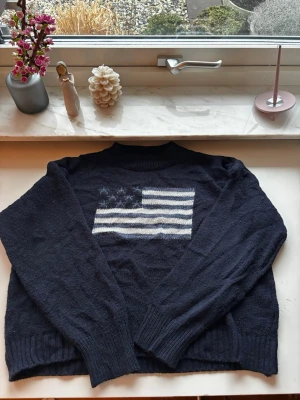 Mörkblå tjocktröja med USA flagga - Säljer denna tröja. Den sticks inte och den har blivit väl använd. Säljer den då jag har tröttnat på den. Storlek står inte i men jag har oftast S så skulle säga att det är en S.