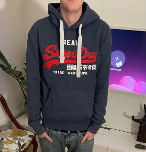 Grå Superdry hoodie med tryck - Snygg superdry hoodie i storlek S. Modellen är 187cm. Hör av dig vid minsta fundering